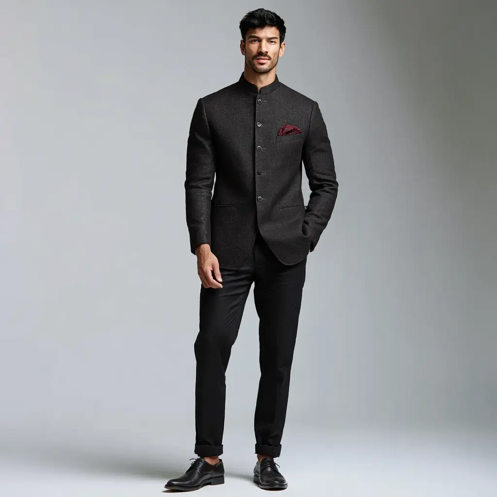 Charcoal bandhgala jacket with black tailored trousers and a maroon pocket square — ethnic-formal reception look for men