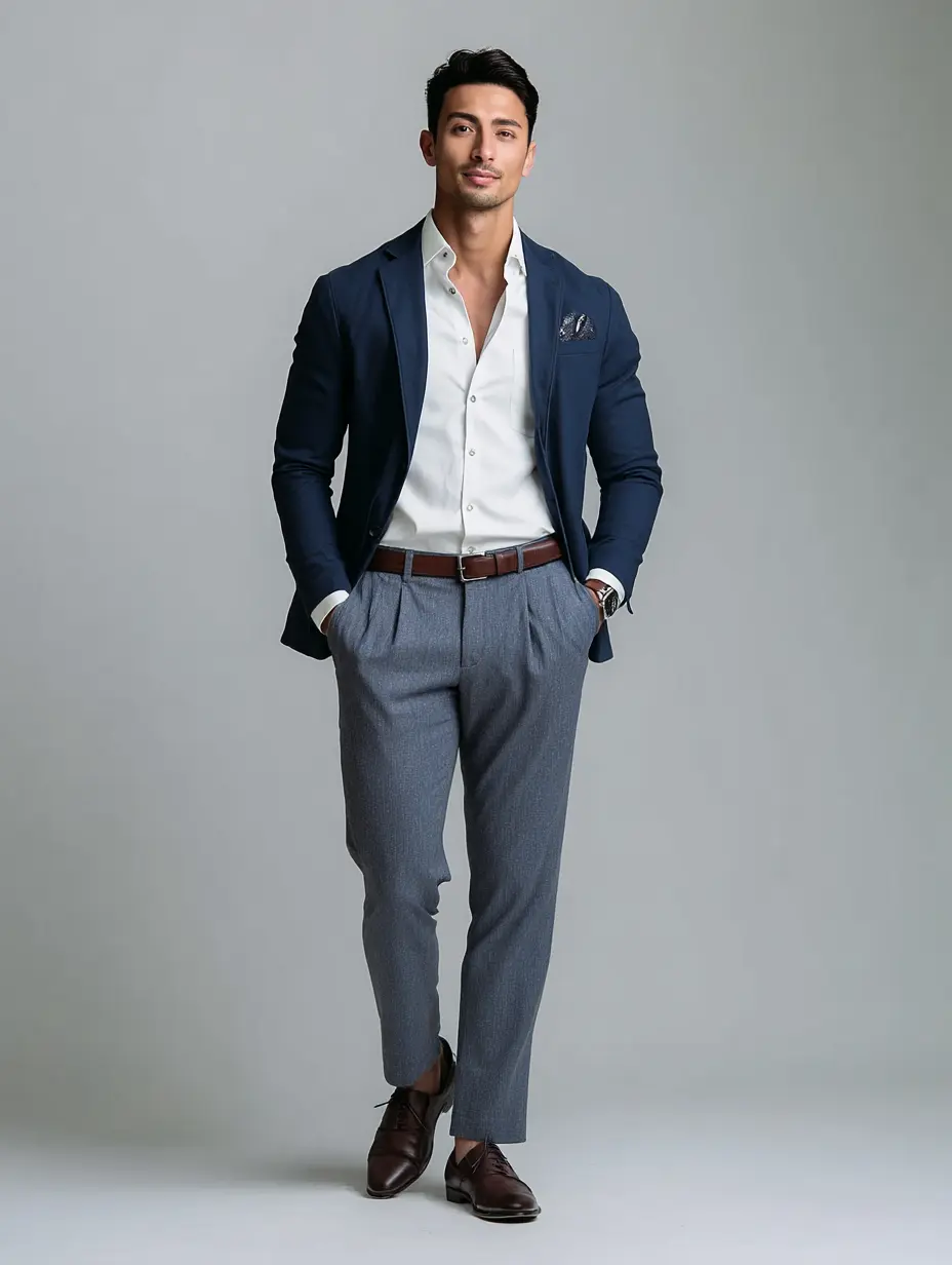 Navy blazer with light grey tailored trousers and brown leather derbies — smart casual office look for men