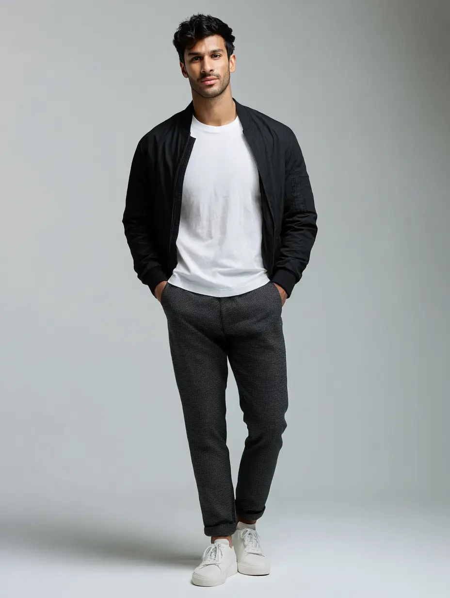 Black bomber jacket with white heavyweight tee, charcoal textured trousers and white sneakers — monochrome smart casual look for men