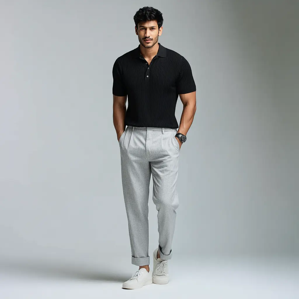 Black knit polo with light grey tailored trousers and white sneakers — smart casual office look for men