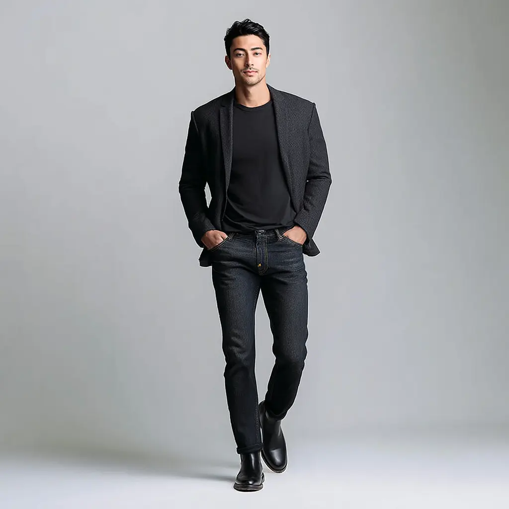 Charcoal unstructured blazer with black heavyweight t-shirt, dark indigo jeans and black Chelsea boots — smart casual office to dinner look for men