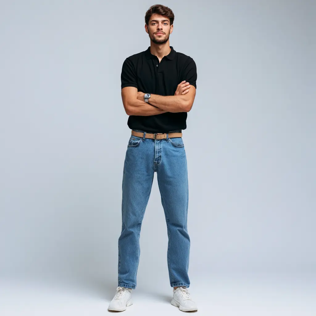Black short-sleeve pique polo with light blue relaxed jeans, tan leather belt and white sneakers — casual everyday look for men