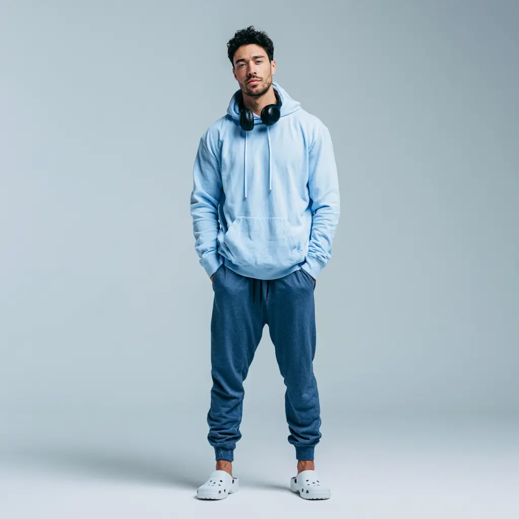 Light blue oversized hoodie with navy slim joggers, white clogs and black headphones — monochromatic blue athleisure look for men