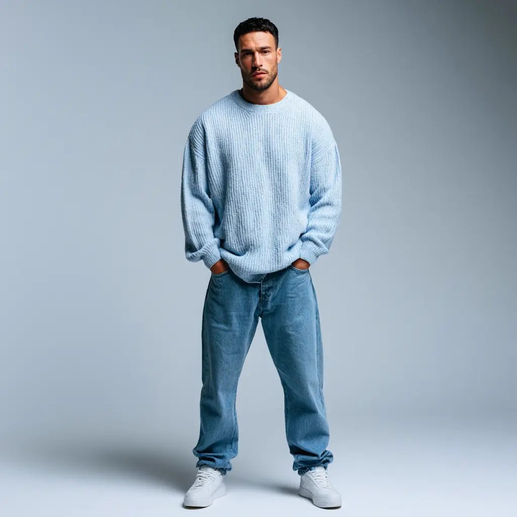 Powder blue oversized ribbed knit sweater with relaxed light wash blue jeans and white sneakers — tonal casual look for men