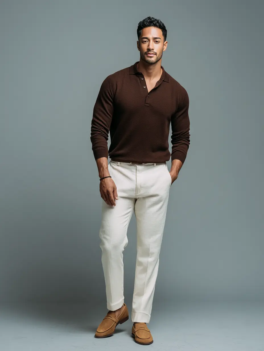 Chocolate brown knitted polo with cream relaxed-taper trousers and tan suede loafers — warm tonal smart casual look for men