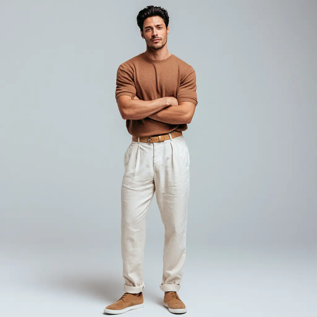 Brown knit crew neck tucked into cream pleated wide-leg trousers with tan belt and suede shoes — monochrome casual look for men