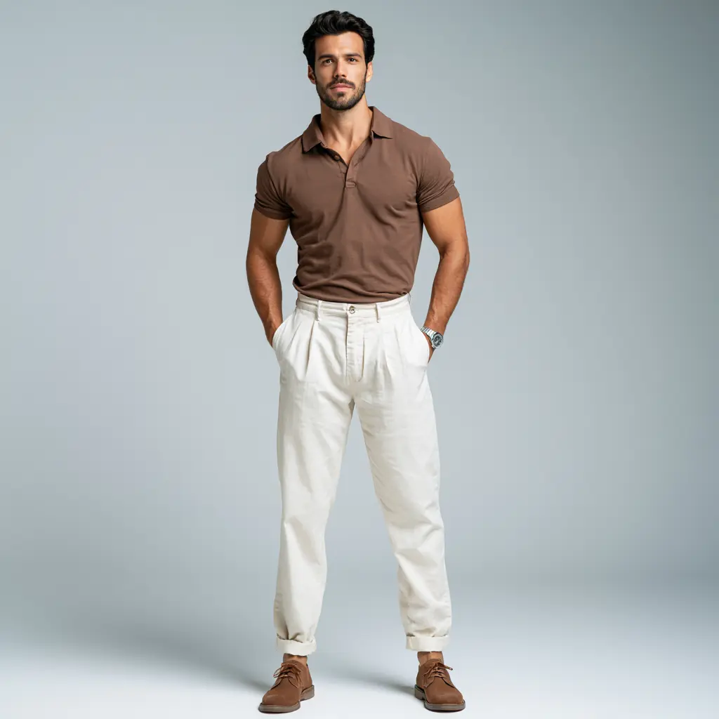 Brown polo shirt tucked into off-white pleated wide-leg chinos with tan suede chukka boots and a silver watch — smart casual look for men