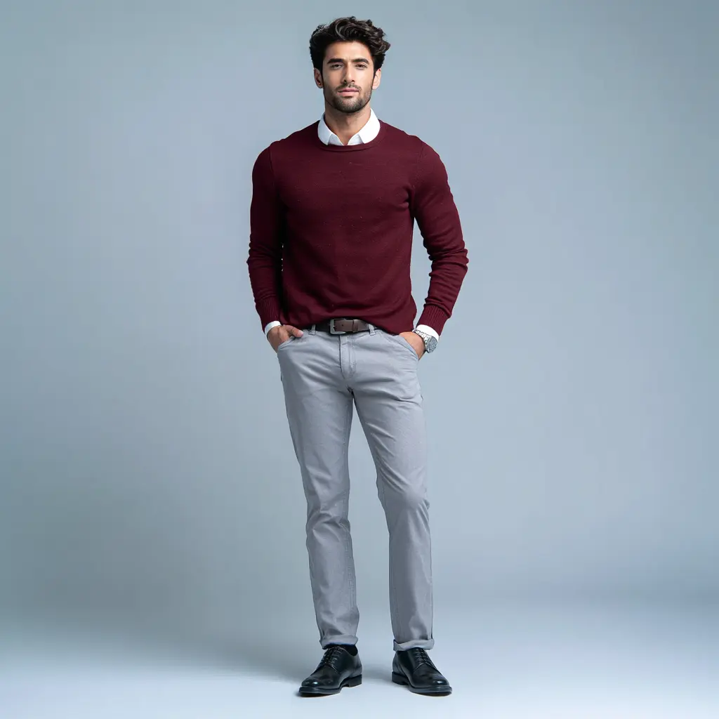 Burgundy crew neck sweater with white shirt collar, grey trousers and black leather derbies — winter office look for men