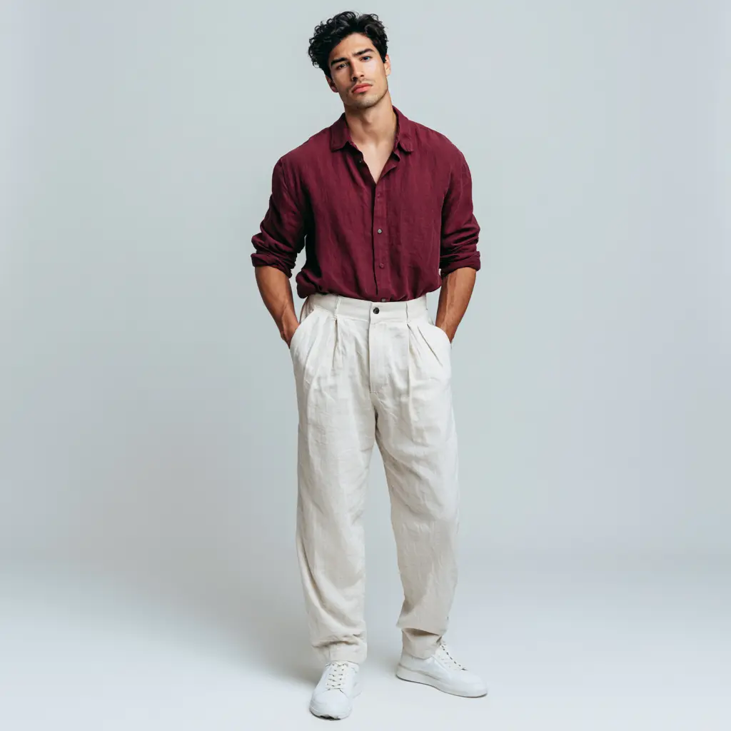 Burgundy linen shirt with cream pleated wide-leg trousers and white sneakers — relaxed smart-casual look for men