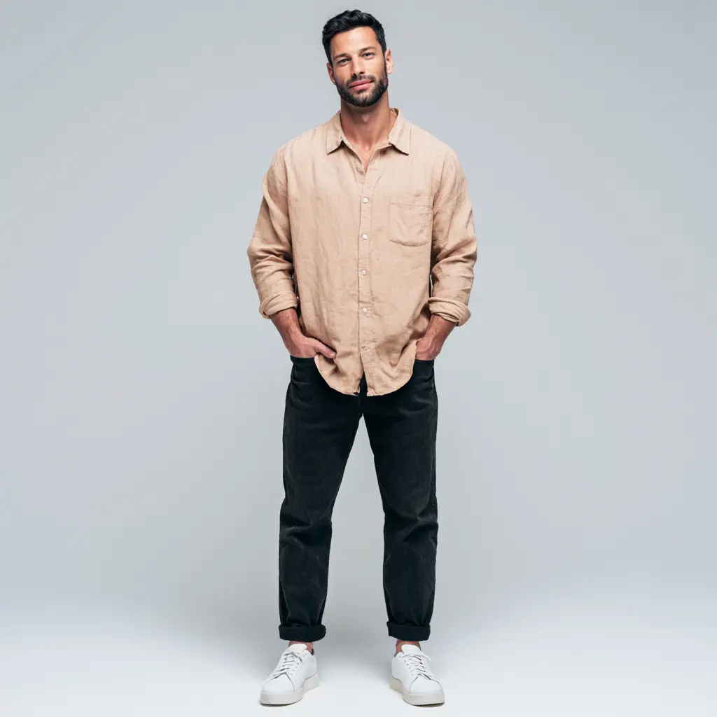 Camel linen oversized shirt with relaxed black jeans and white sneakers — casual look for men