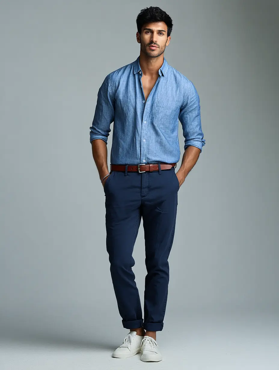 Light chambray shirt with navy slim chinos, white sneakers and a brown belt — smart casual office look for men