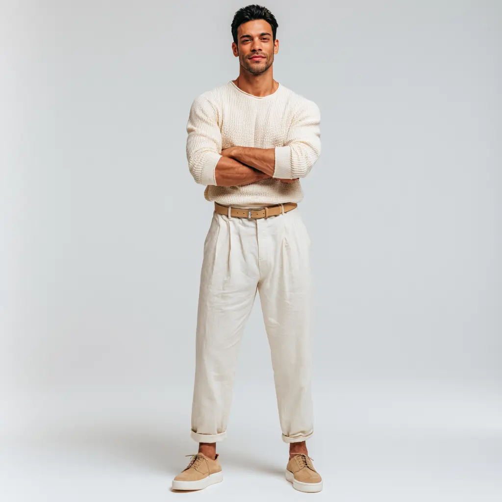 Cream waffle-knit sweater tucked into ivory pleated wide-leg trousers with tan belt and suede shoes — monochrome casual look for men