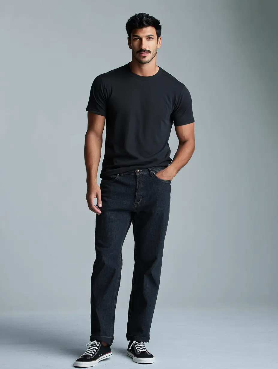 Black quick-dry t-shirt with dark indigo cropped jeans and black-white sneakers — practical monsoon outfit for men
