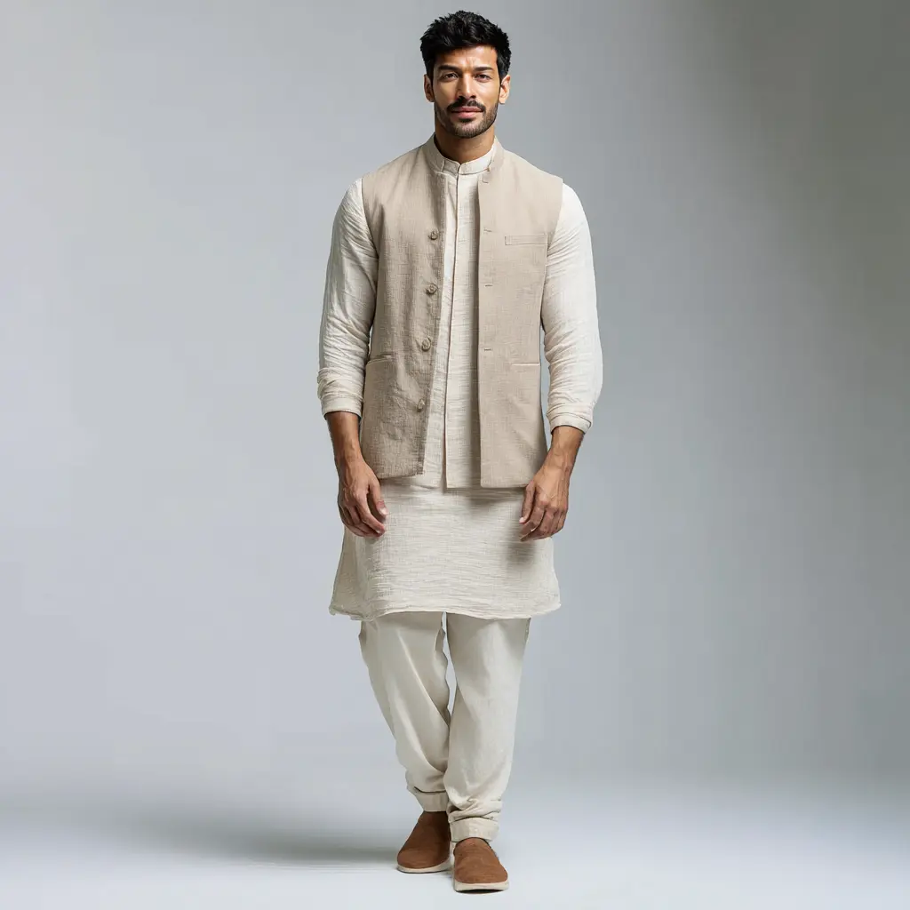 Beige cotton-silk kurta with ivory sleeveless Nehru jacket, ivory churidar and brown mojris — day wedding guest outfit for men