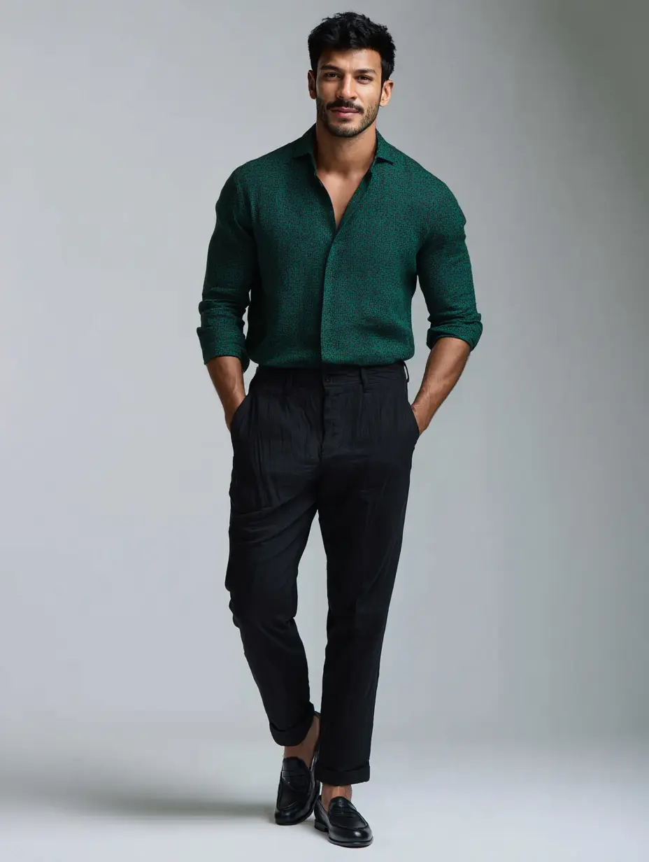 Deep green tonal print shirt with black tapered trousers and black loafers — festive Western-wear outfit for men