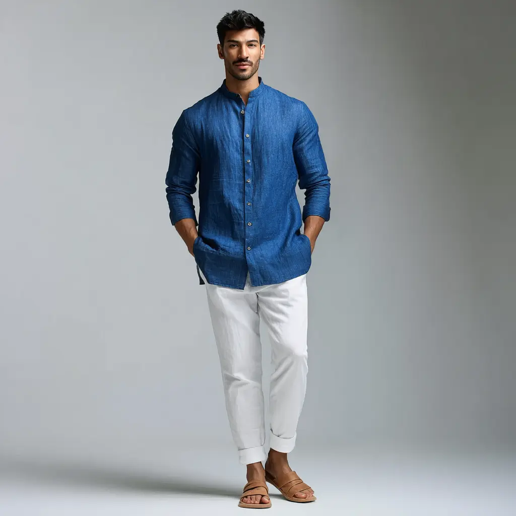 Indigo short kurta with white tapered trousers and tan sandals — Indo-western fusion outfit for men