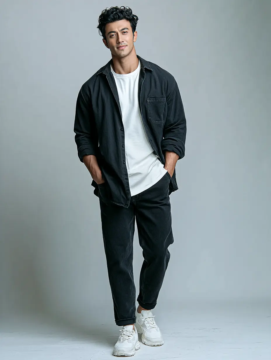 Black overshirt worn open over a white t-shirt with dark jeans and white sneakers — casual layered evening outfit for men