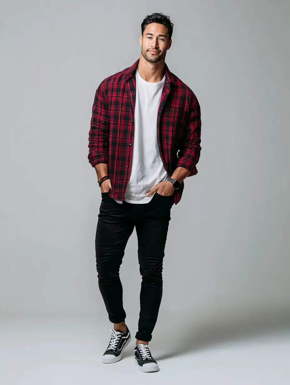 Red and black check flannel shirt worn open over a white t-shirt with black slim jeans and retro sneakers — casual winter outfit for men