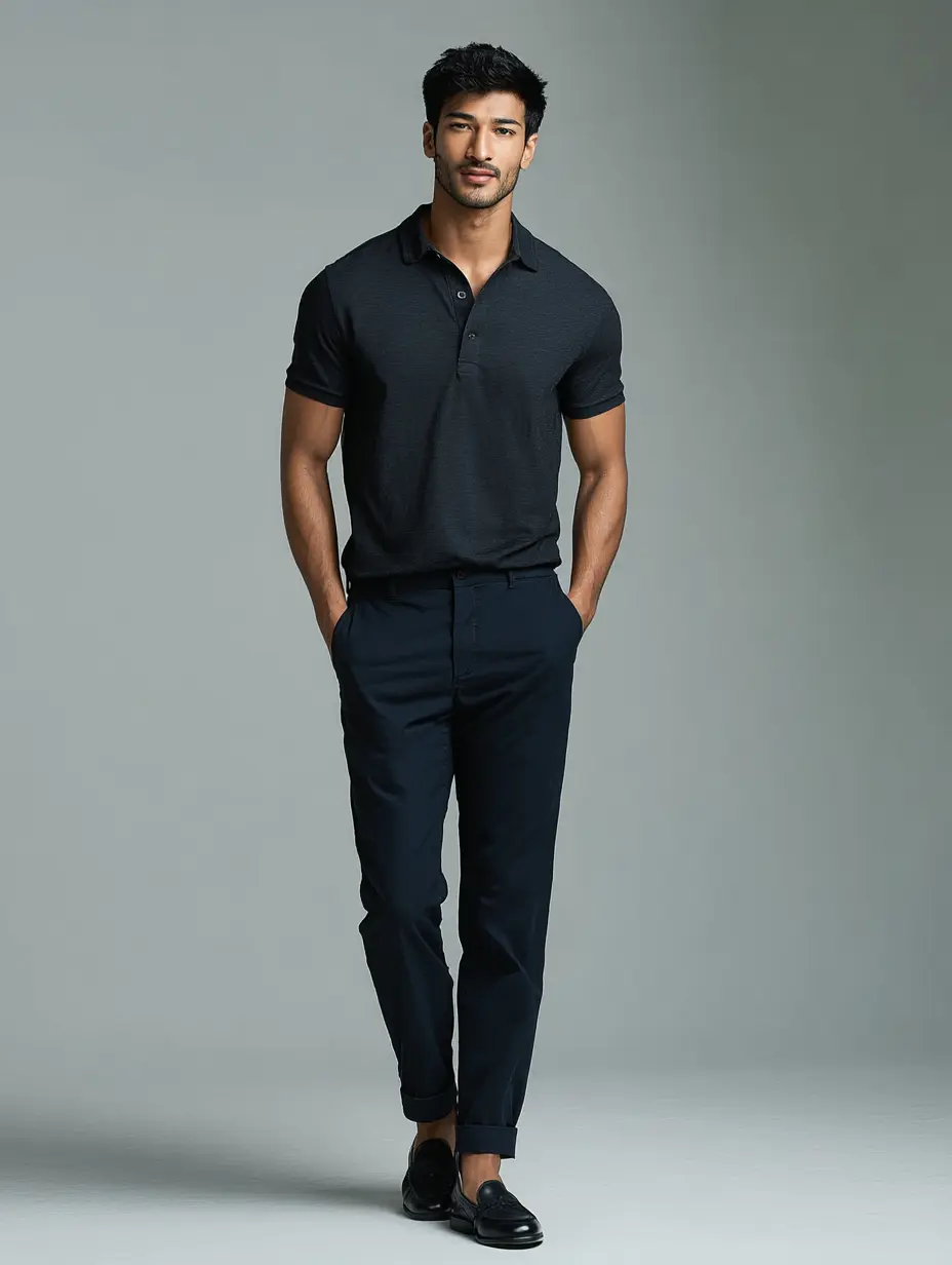 Charcoal grey polo tucked into navy tailored trousers with black leather loafers — smart casual office look for men