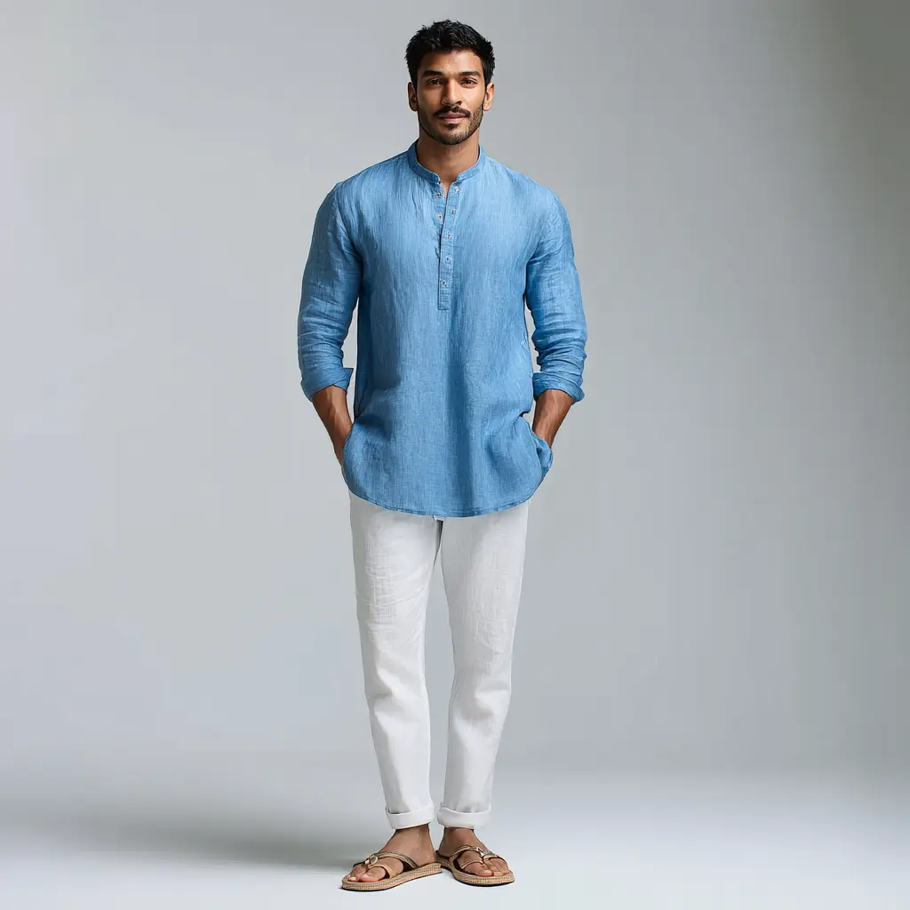 Light blue cotton kurta with white trousers and sandals — what to wear to a gurudwara for men