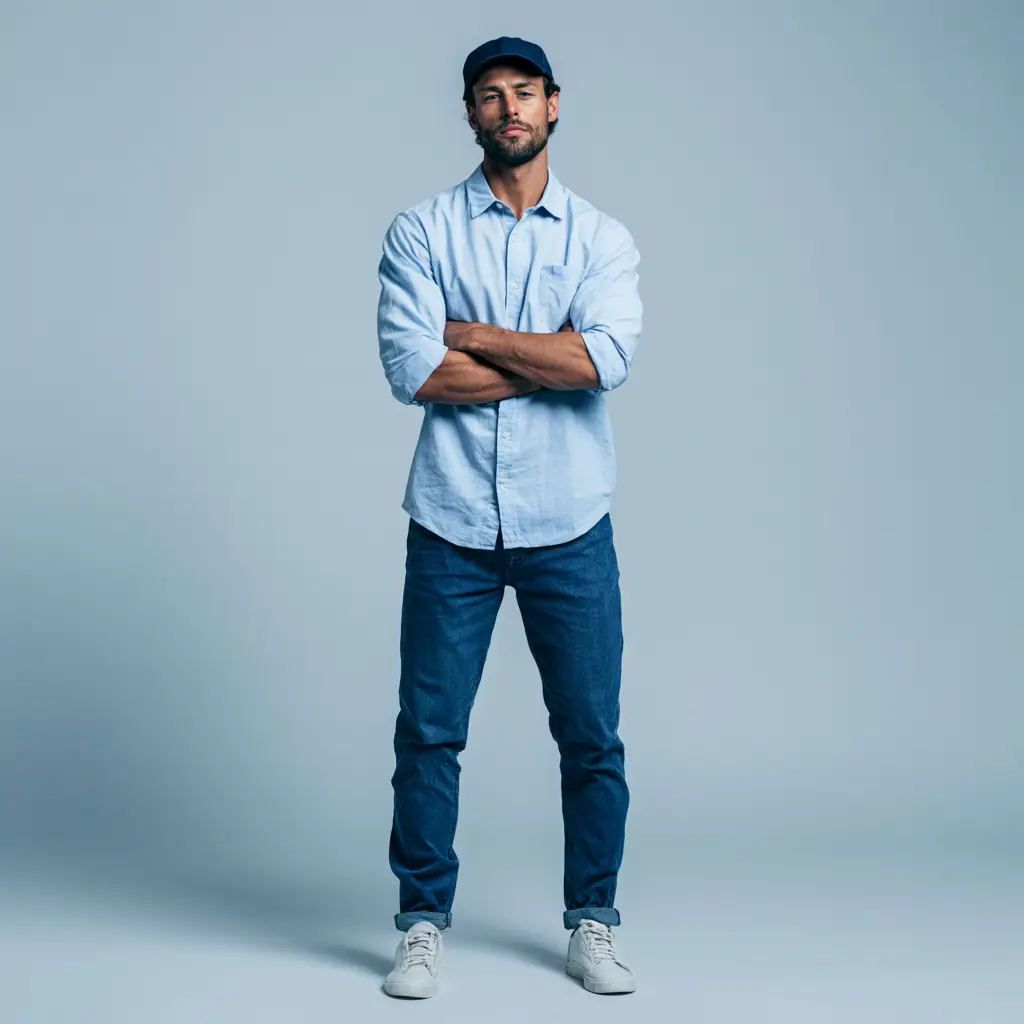Light blue casual shirt with dark indigo slim jeans, white sneakers and navy cap — casual look for men