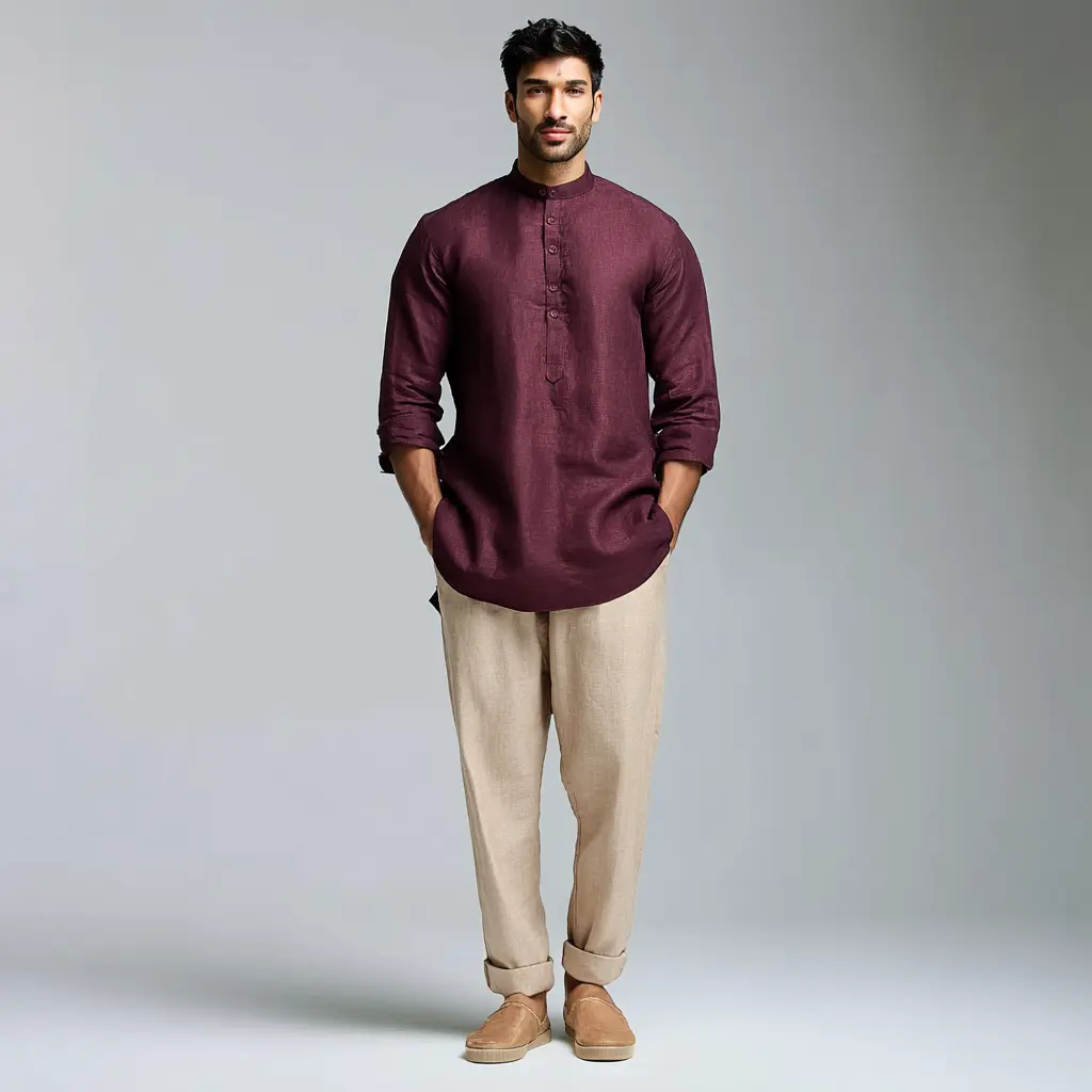 Maroon silk blend kurta with beige pyjama and tan mojris — Diwali festive outfit for men