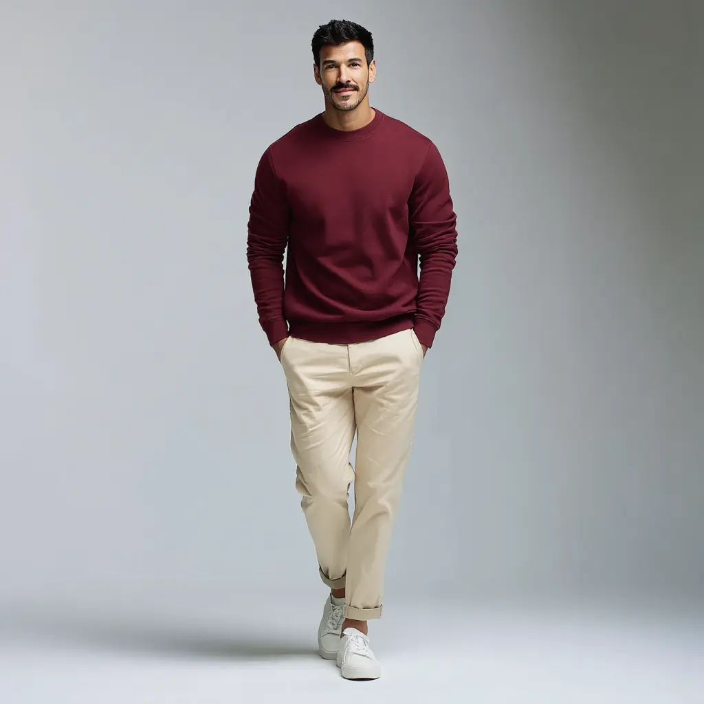 Maroon crew neck sweatshirt with beige chinos and white sneakers — winter casual outfit for men