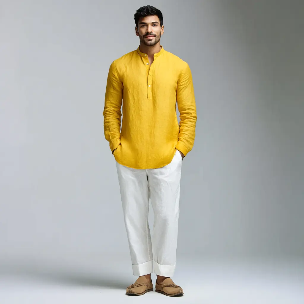 Pale yellow cotton kurta with white straight pyjama and tan loafers — mehendi guest outfit for men