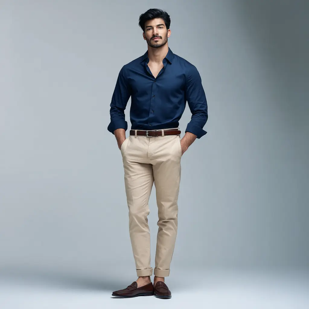 Navy oxford shirt with beige chinos and brown leather loafers — business casual outfit for men