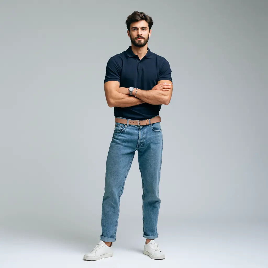 Navy short-sleeve pique polo with light blue relaxed jeans cuffed at ankle, tan leather belt and white sneakers — smart casual look for men