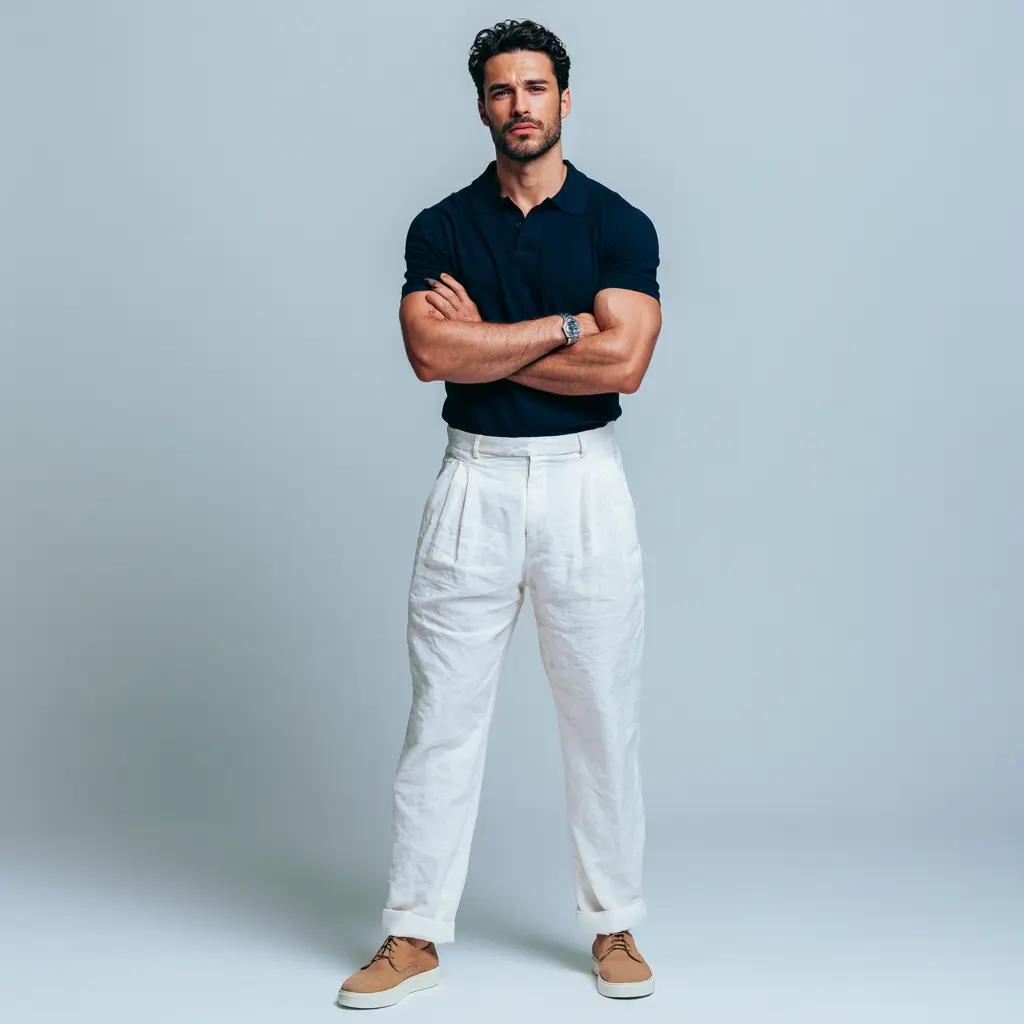 Navy polo shirt with white pleated relaxed linen trousers and tan suede shoes — smart-casual look for men
