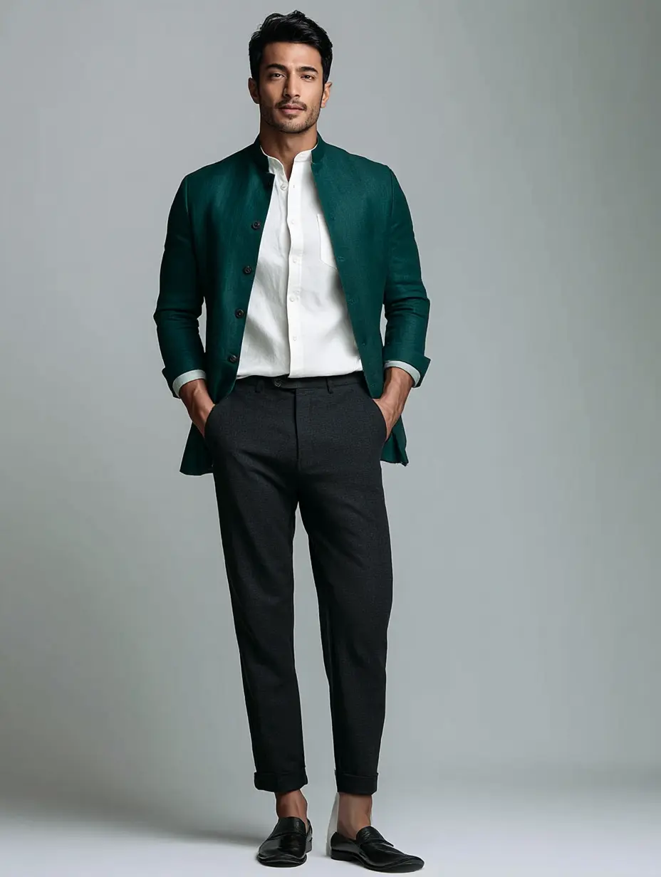 Deep teal Nehru jacket with white band collar shirt and charcoal tailored trousers — office Diwali fusion outfit for men