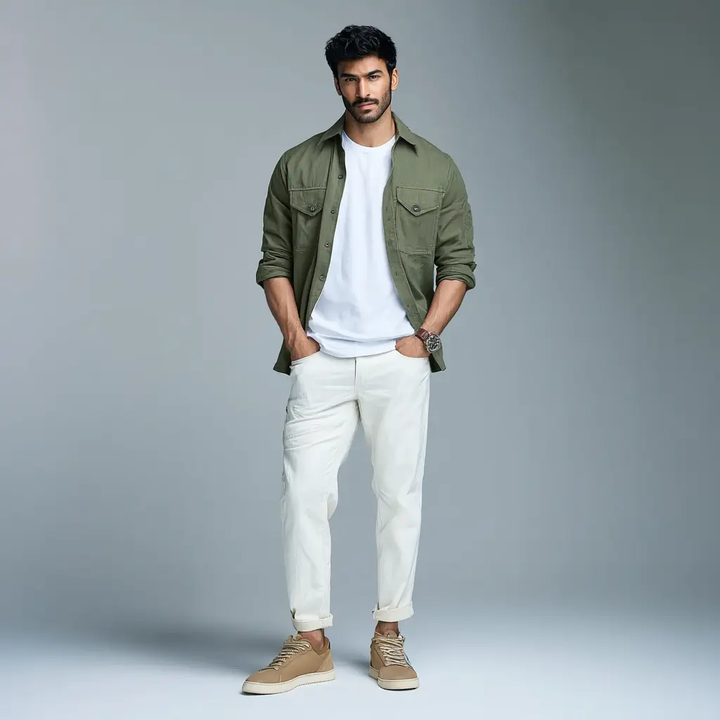 Olive cotton overshirt with white t-shirt, off-white chinos and sneakers — smart casual outfit for men