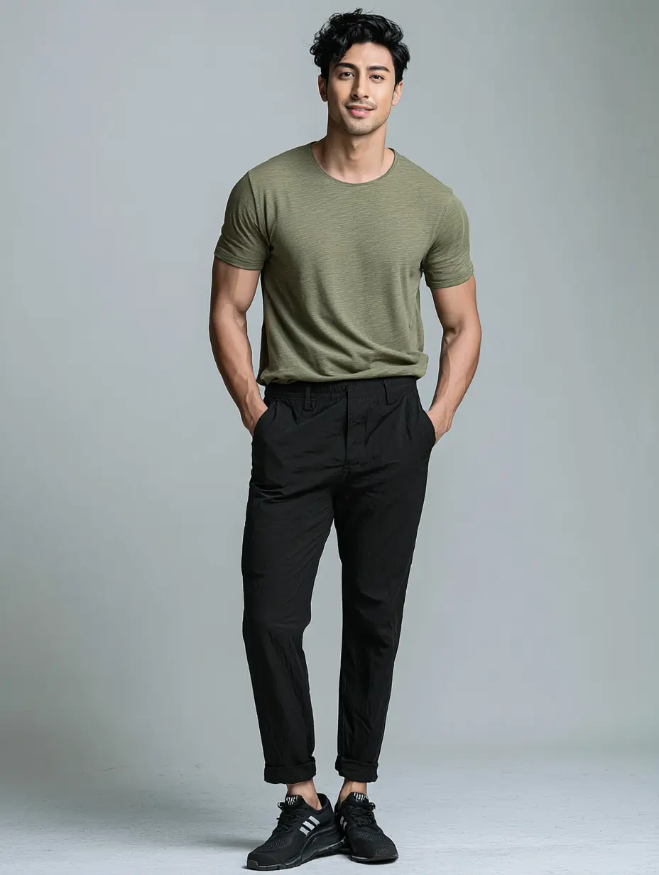 Olive t-shirt with black cargo trousers and black sneakers — monsoon casual outfit for men