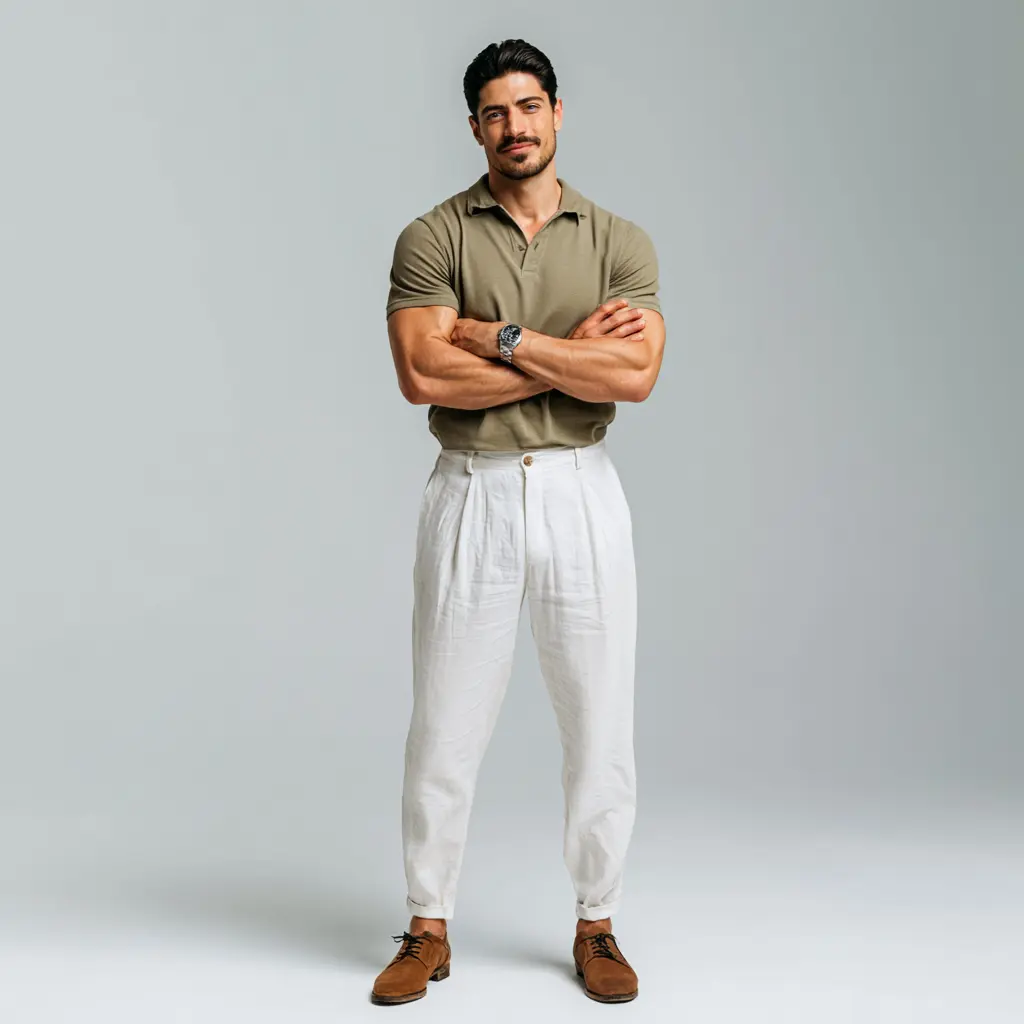 Olive polo shirt tucked into white pleated trousers with brown suede derby shoes — elevated smart-casual look for men