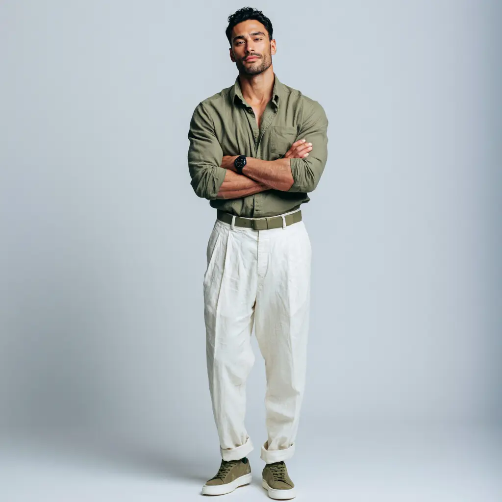Olive linen shirt tucked into cream pleated wide-leg trousers with olive suede sneakers — tonal casual look for men