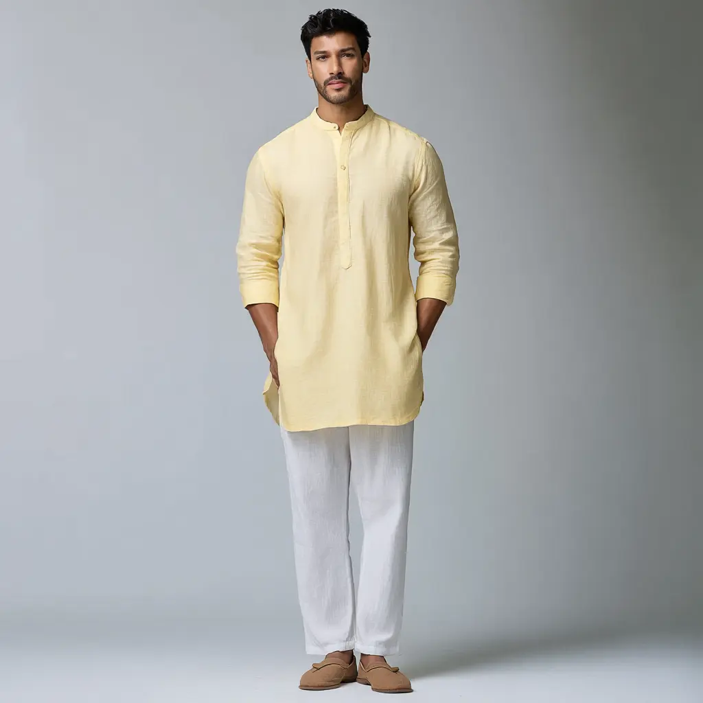 Pale yellow cotton kurta with white straight pyjama and tan kolhapuri sandals — daytime festive outfit for men