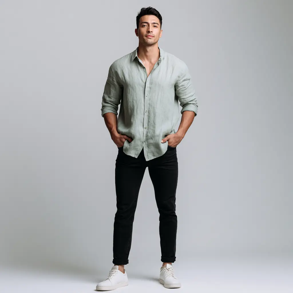 Sage green linen shirt open collar with black slim jeans and white sneakers — smart casual date night look for men