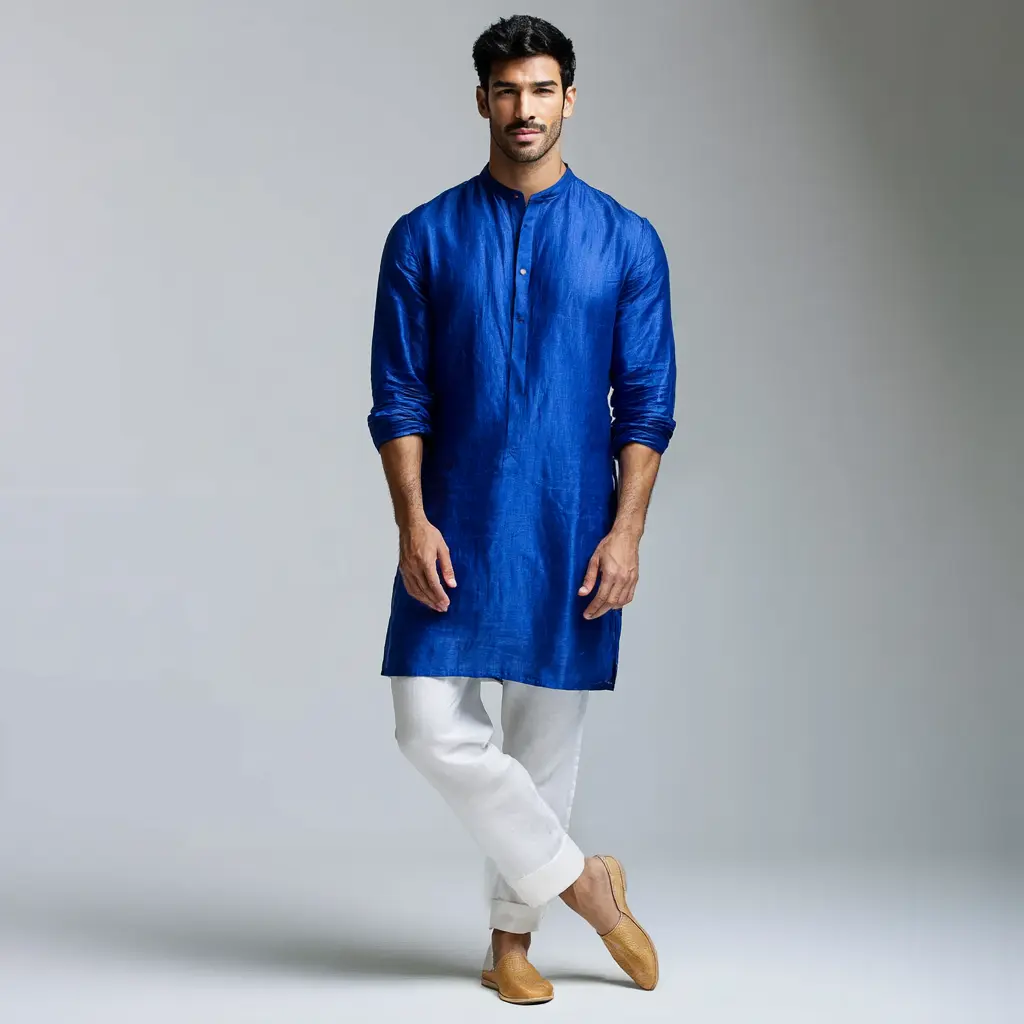Royal blue silk blend kurta with white churidar and tan mojris — sangeet wedding guest outfit for men