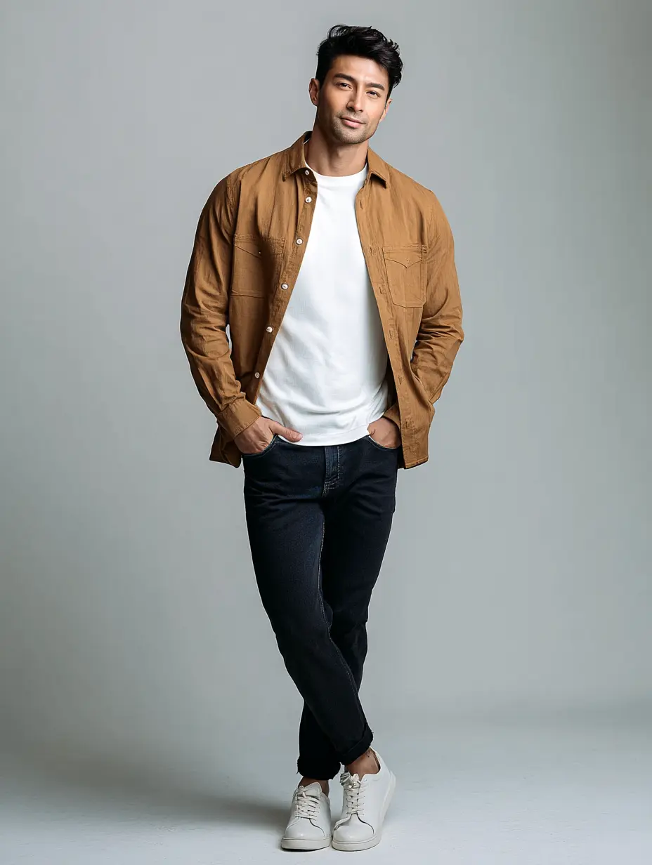 Tan cotton shacket with white t-shirt, dark indigo jeans and white-tan sneakers — October transitional outfit for men