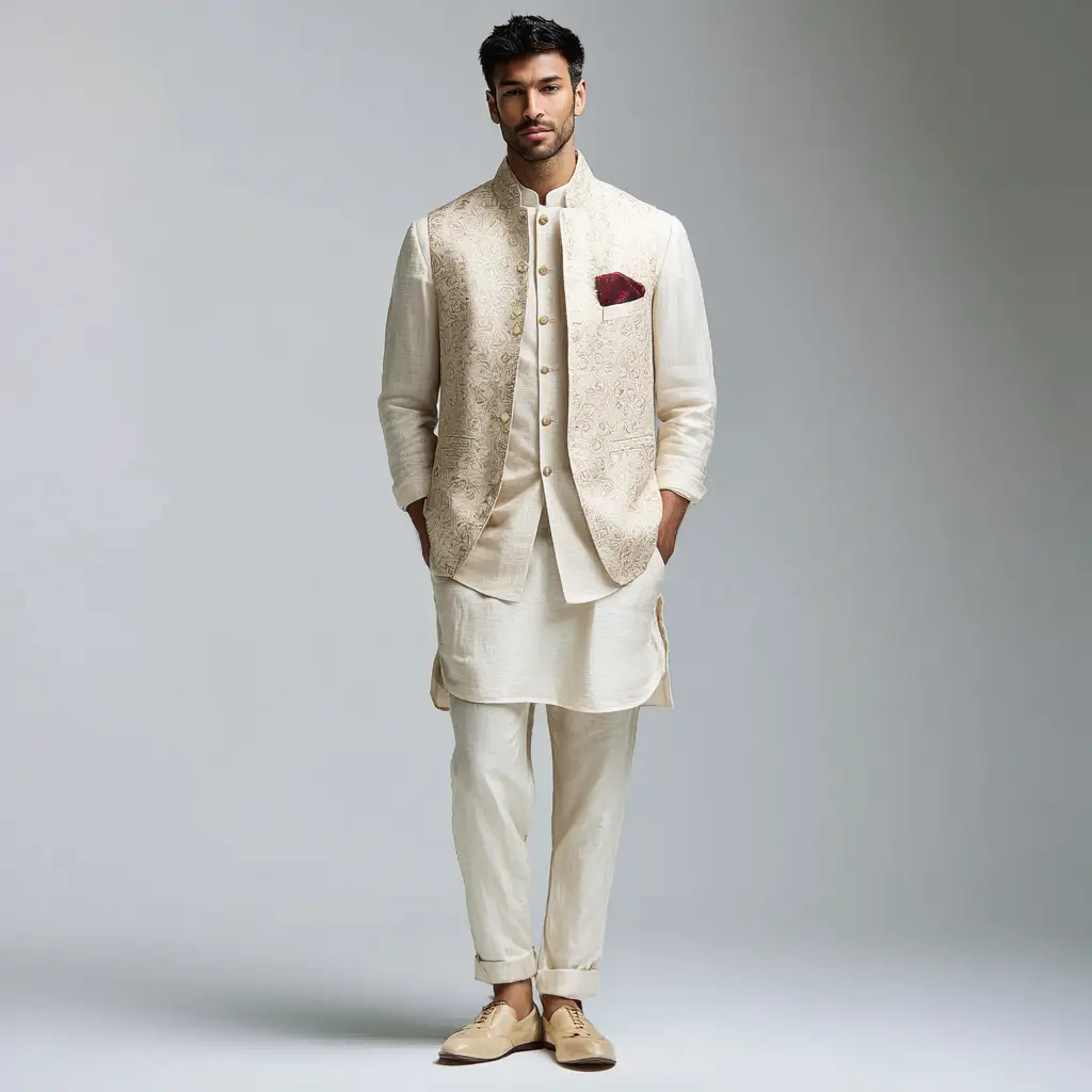 Ivory silk kurta with ivory jacquard Nehru jacket, ivory churidar and maroon pocket square — wedding guest outfit for men