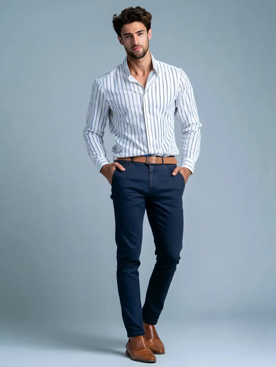 White shirt with fine blue stripes and navy trousers with brown derbies — office outfit for men