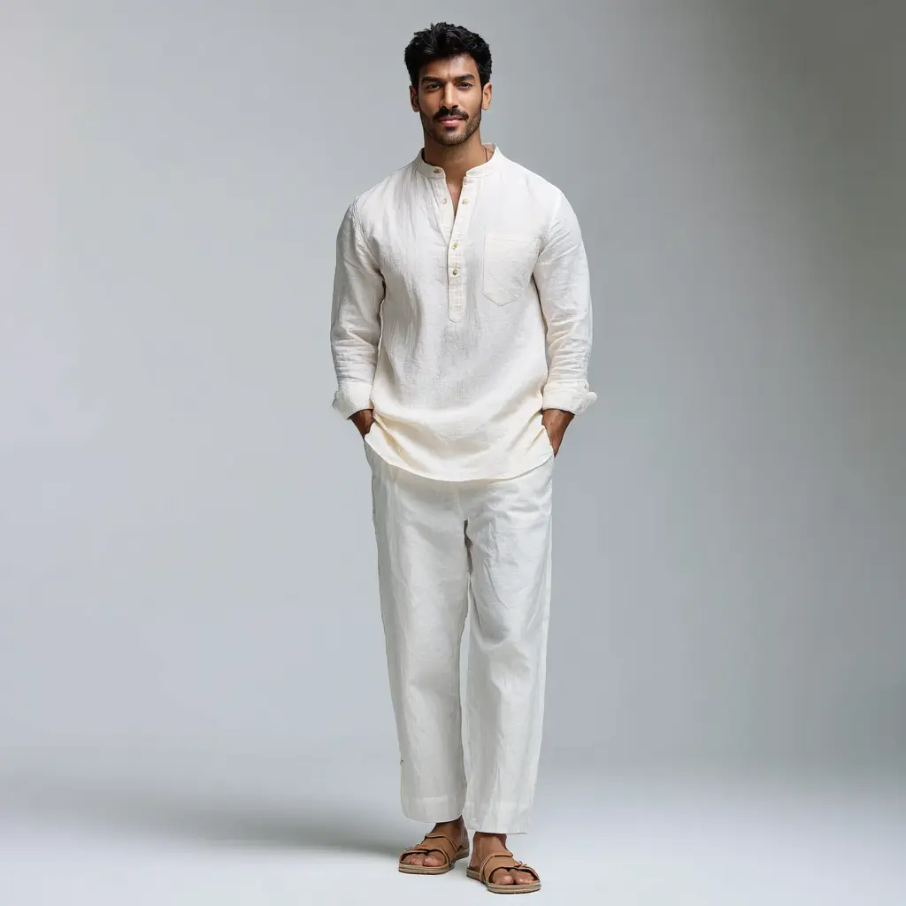 Plain cream cotton kurta with white pyjama and tan sandals — temple visit outfit for men