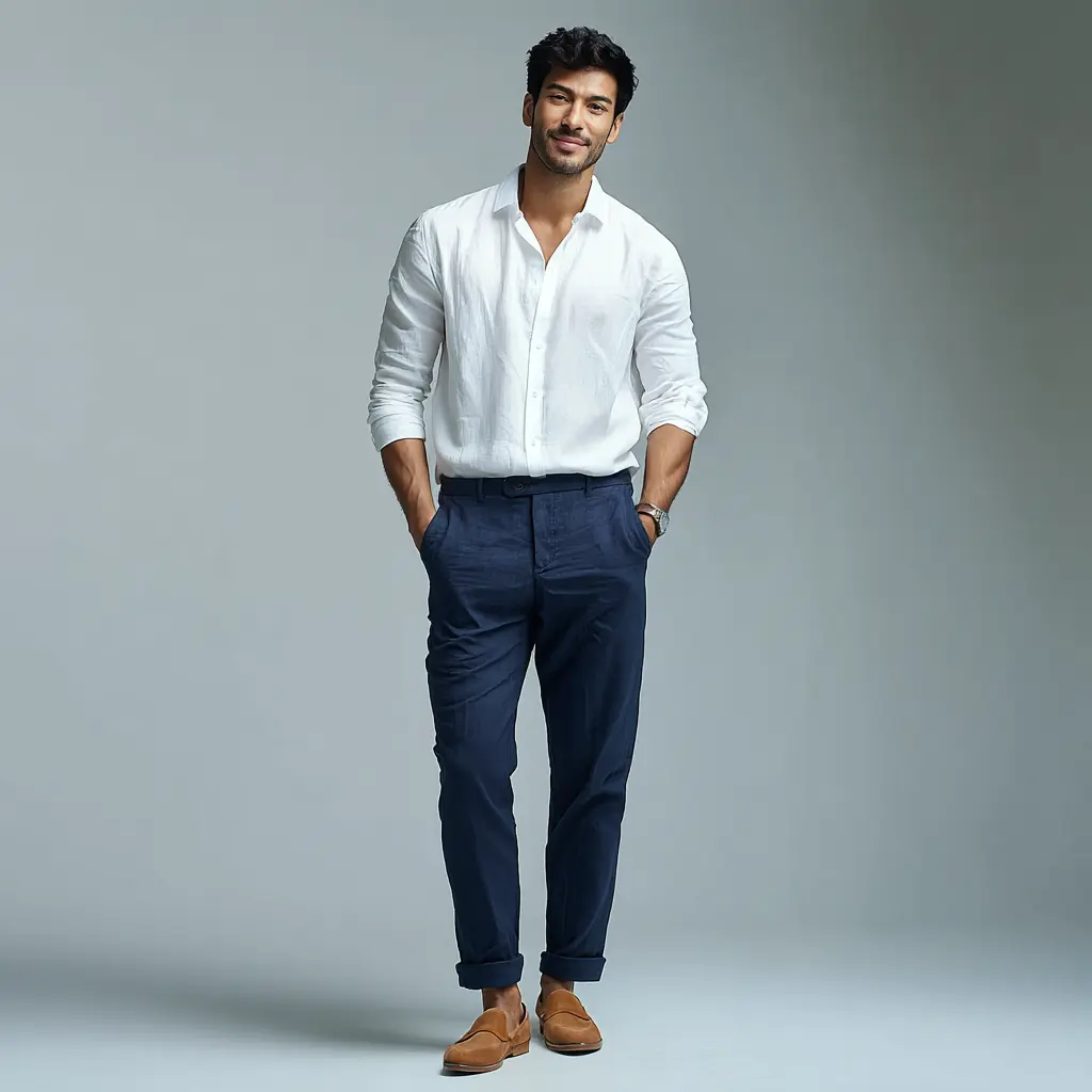 White linen cotton shirt with navy lightweight trousers and tan leather loafers — summer office outfit for men