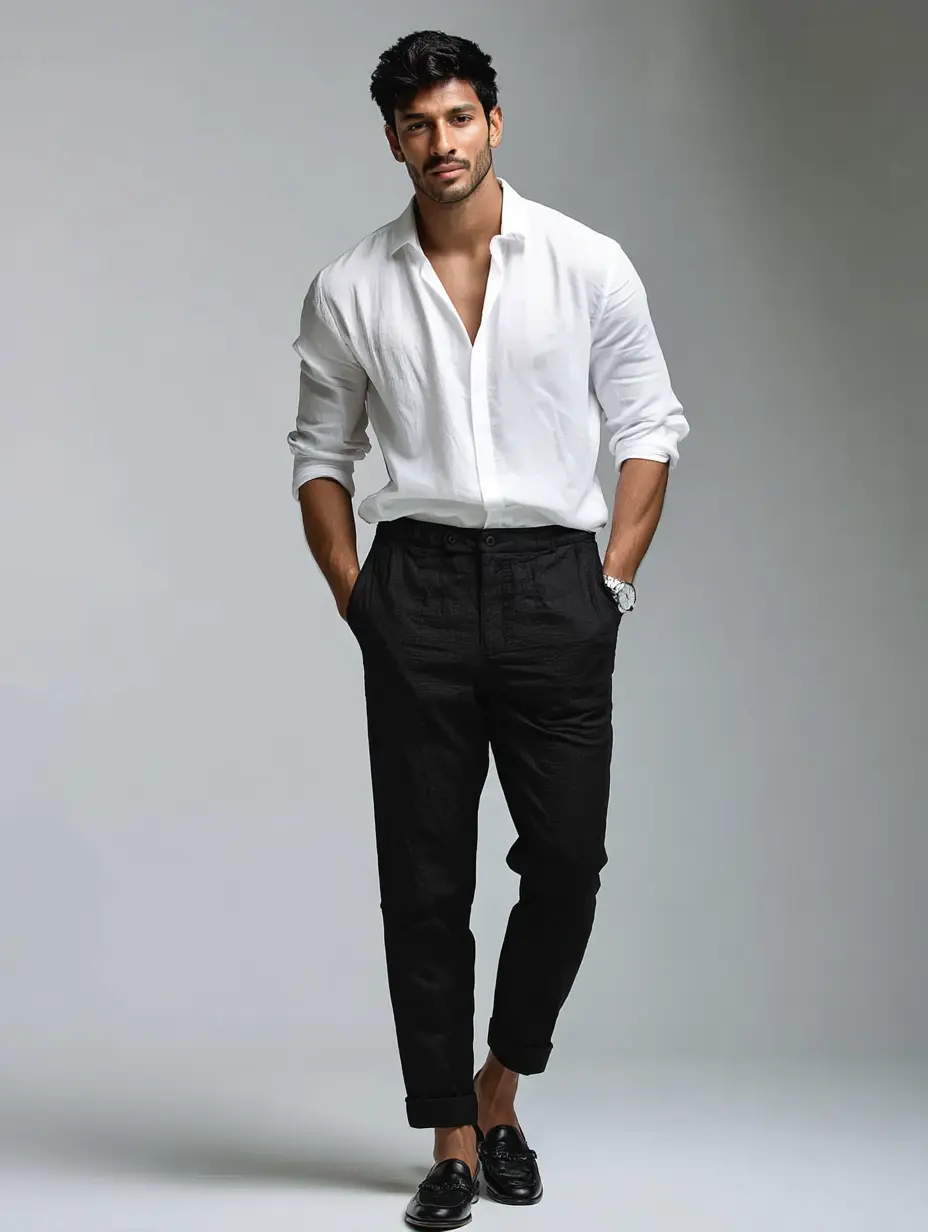 White poplin shirt with black tapered trousers and black leather loafers — minimal monochrome outfit for men
