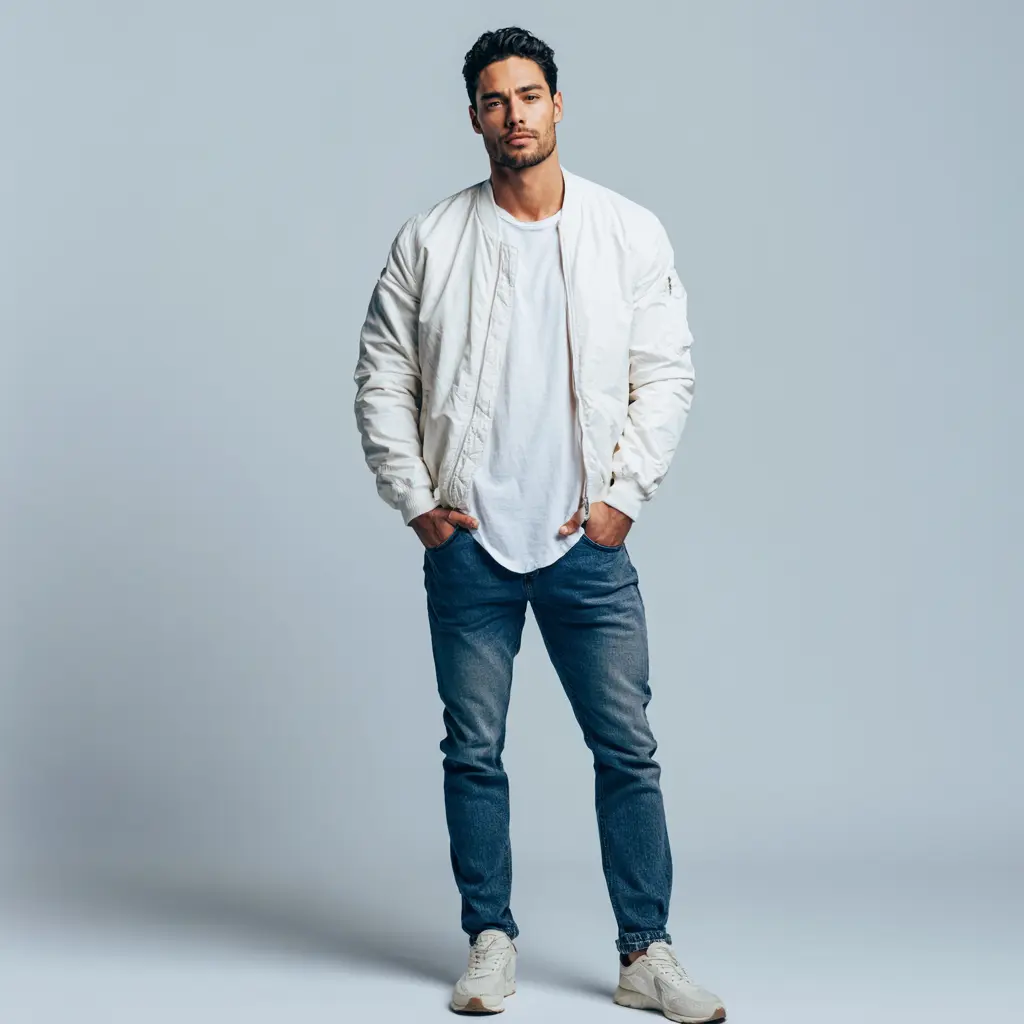 Off-white bomber jacket open over white t-shirt with dark blue slim jeans and cream chunky sneakers — casual everyday look for men