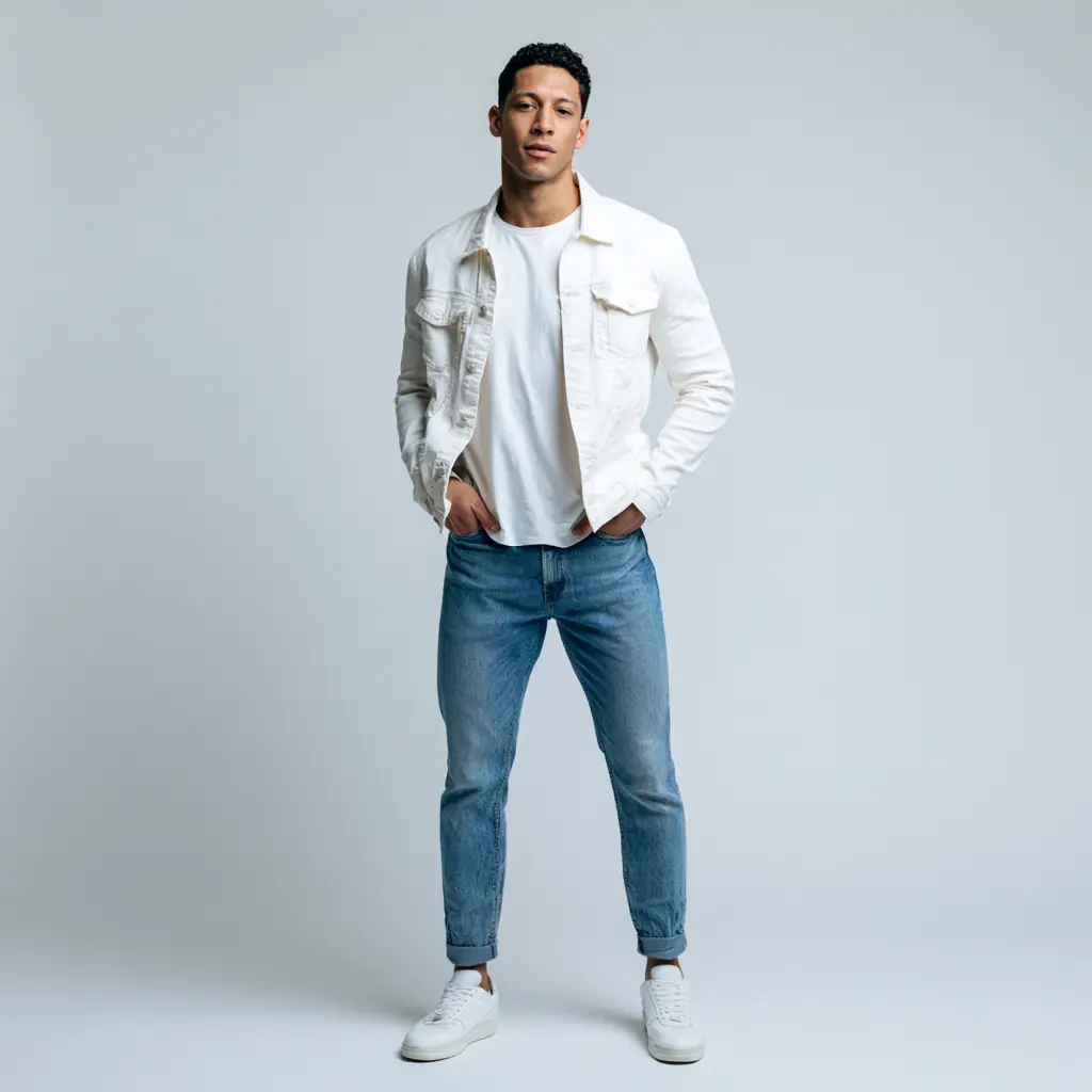 White denim jacket open over white t-shirt with light blue jeans and white sneakers — clean casual look for men