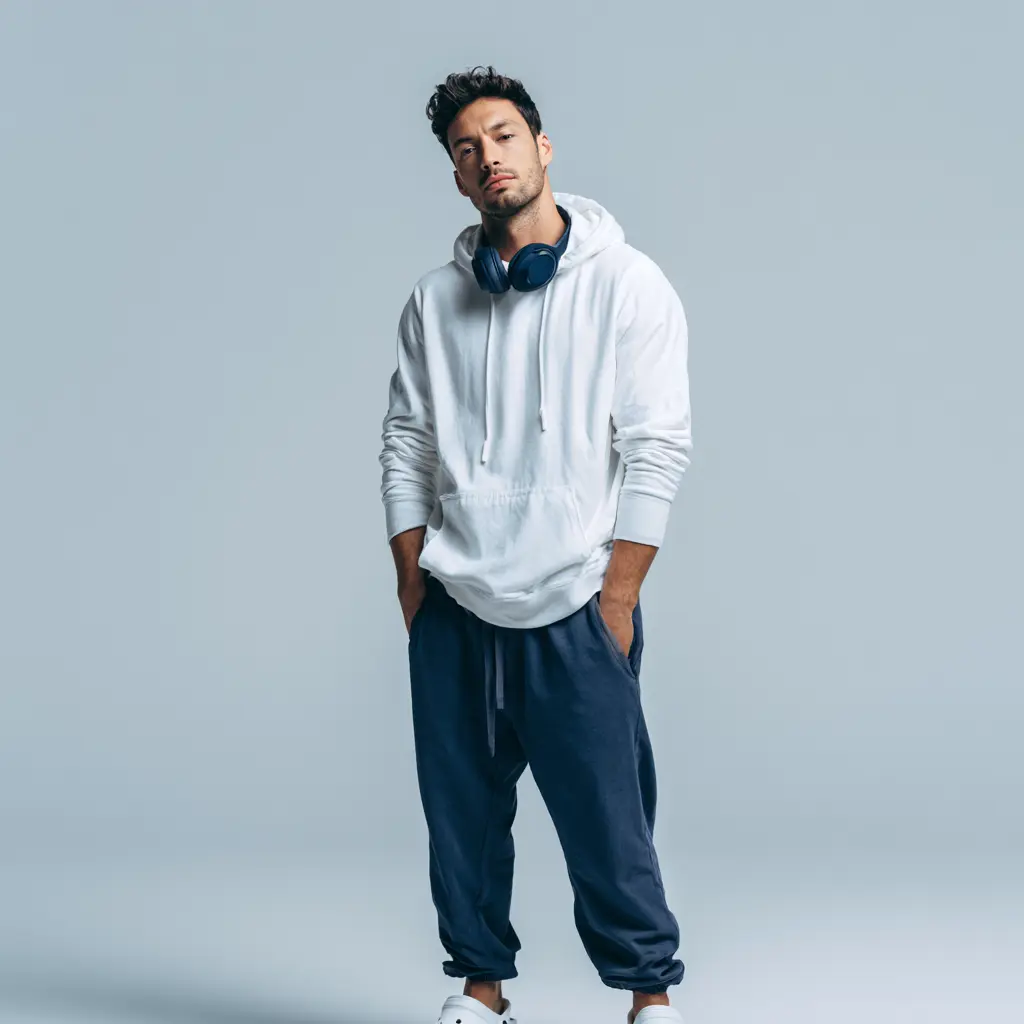 White oversized hoodie with navy blue joggers, white clogs and navy headphones — athleisure casual look for men
