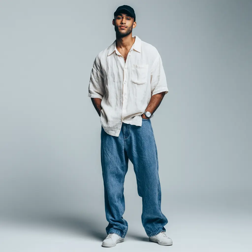 Oversized white linen shirt with baggy blue jeans, black cap and white sneakers — streetwear casual look for men
