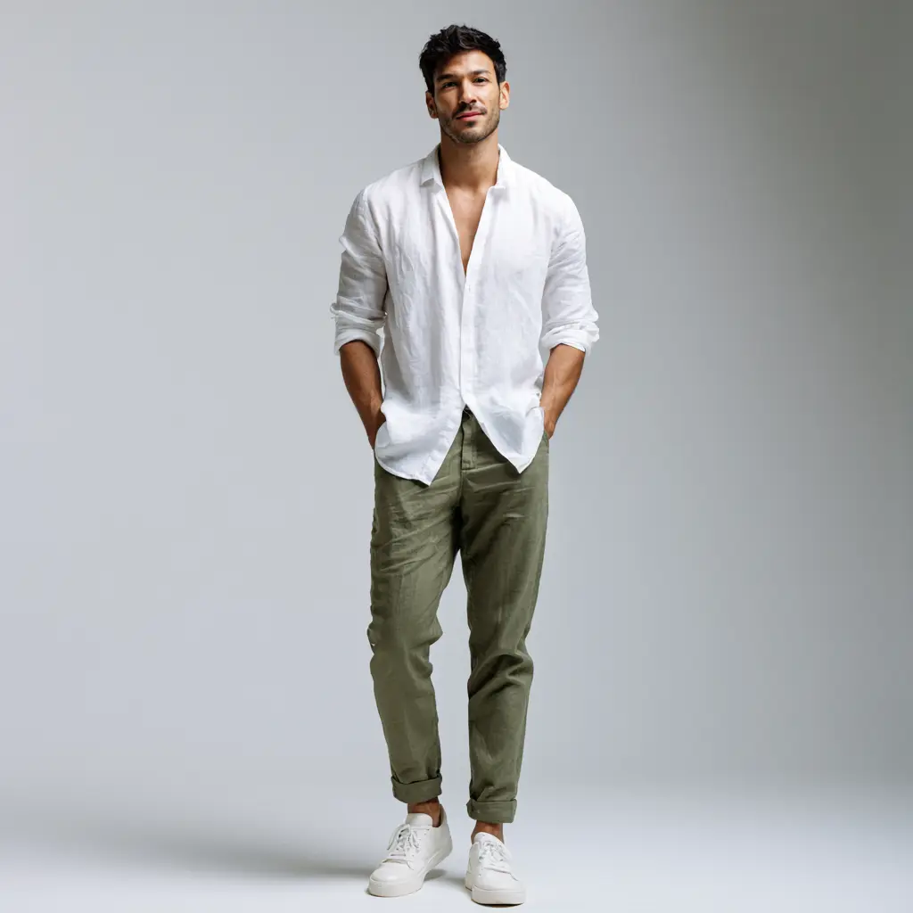 White linen shirt untucked over relaxed olive trousers with white sneakers — safari-smart casual look for men